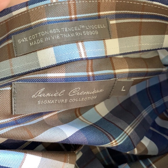DANIEL CREMIEUX NWT MEN’S BLUE WHITE BROWN PLAID LONG SLEEVE BUTTON FRONT LARGE - Picture 6 of 6